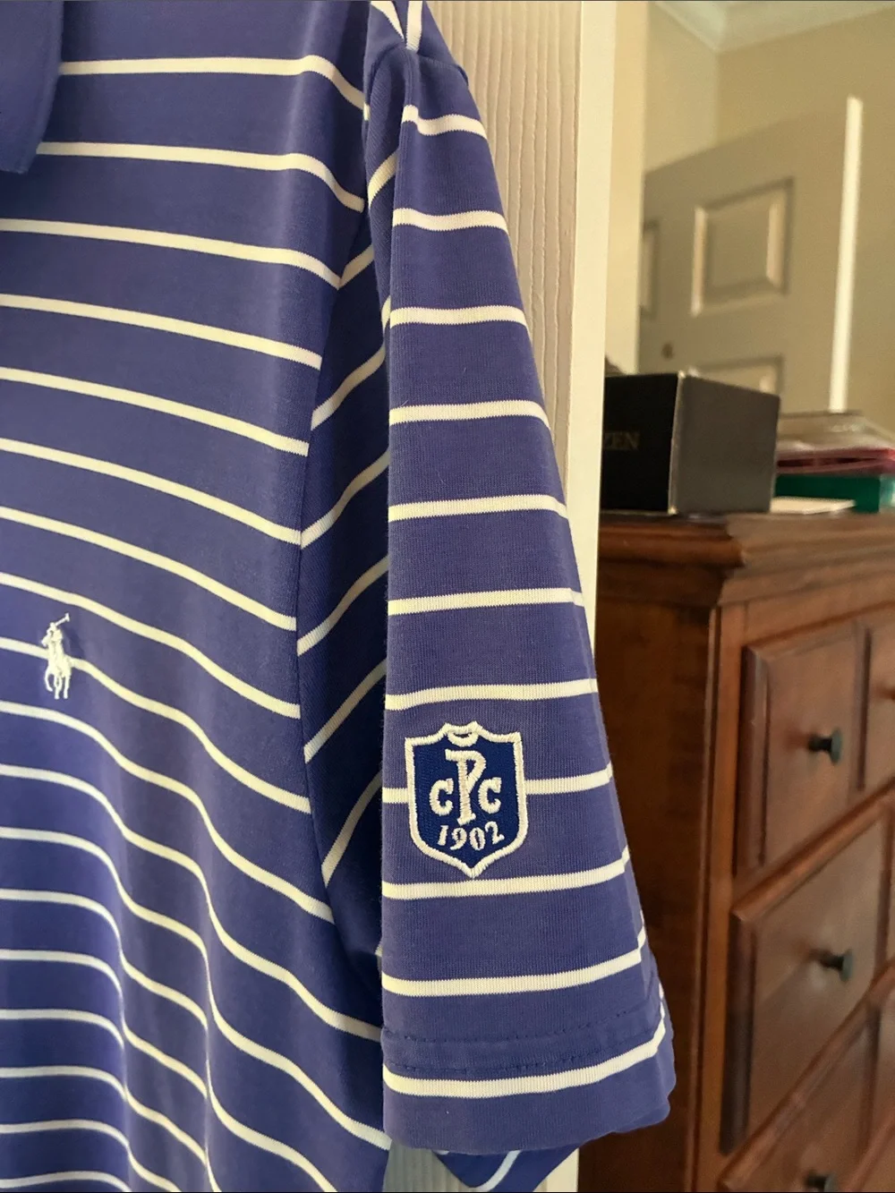 Ralph Lauren Purple and White Striped Polo Shirt SZ M Patch on sleeve